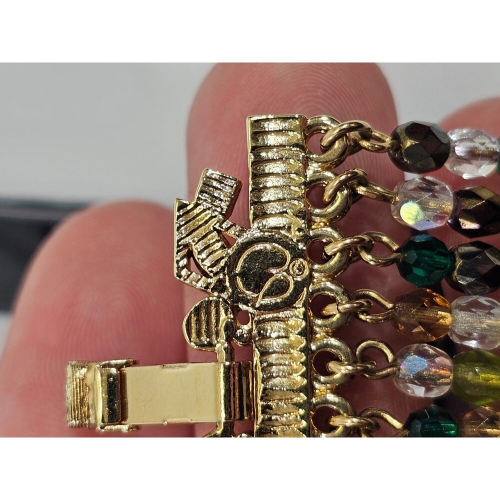 St. John Evening Gold Plate 1.5"W Statement Green Crystal Bracelet 7.5"L EUC - Picture 8 of 8